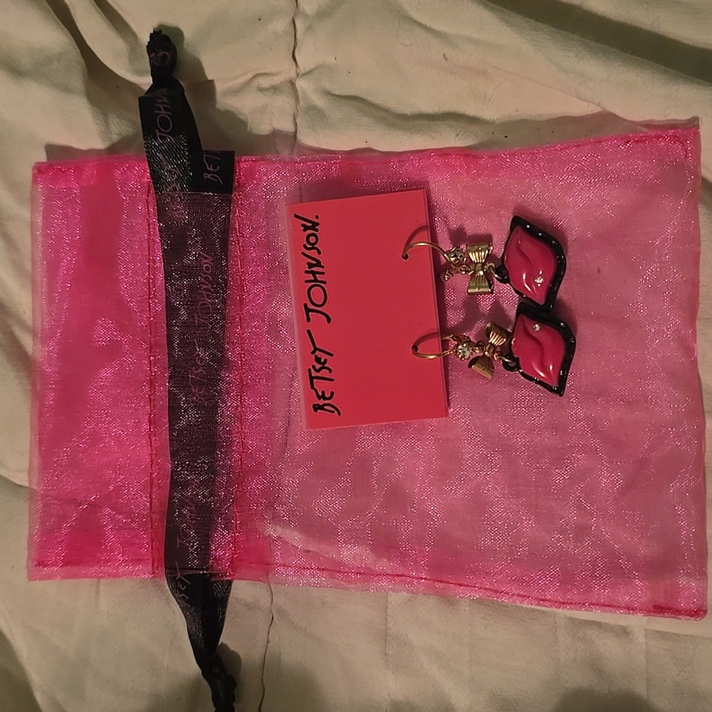 Betsey Johnson Pink Lip Earrings with Gold Bows & Dust Bag
